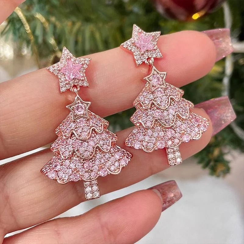 the CHRISTMAS TREE COLLECTION - Sweet Pink Christmas Tree Earrings Luxury Sparkling Zircon Dangle Earrings Xmas Holiday Party Jewelry