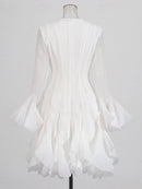 the COURTSY - Solid Spliced Button Slimming Dresses for Women, O-Neck Long Sleeve High Waist Patchwork Ruffles Dress