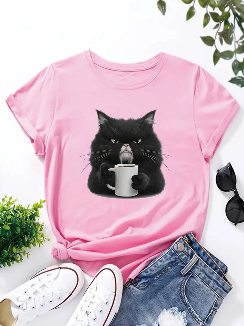 the GRUMPY COFFEE CAT - Cute Coffee Drinking Cat Short Sleeved O-Neck Casual T-Shirt for Women