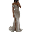the CHLOE - Elegant Gown Dress V-Neck Off Shoulder Sequin Pleated Waist Tight Evening Split Long Maxi Dress
