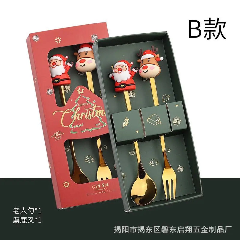 the FANCY SERVING - Christmas Gift Elk Head Christmas Tree Shape Stainless Coffee Spoon Set New Year Christmas Decoration Navidad 2025 Gifts