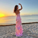 the PRETTY N PINK - Women's Clothing Sleeveless Wave-Edge Sling Dress V-Neck Sexy Ruffles High Waist Colorful Dress