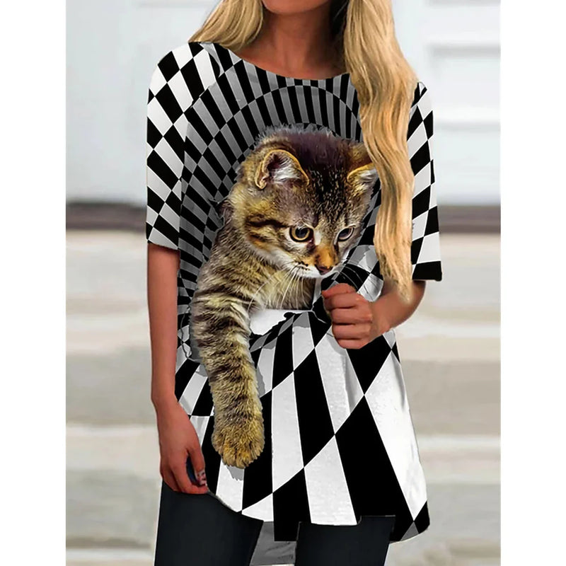 the CAT LOVER - Oversized 3D Print Cat Graphic Loose Streetwear O-Neck Short Sleeves T-Shirts for Women