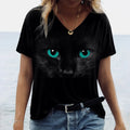 the BLACK CAT EYES - Cat 3D Print Short Sleeve V-Neck Oversized T-Shirt Tops for Women