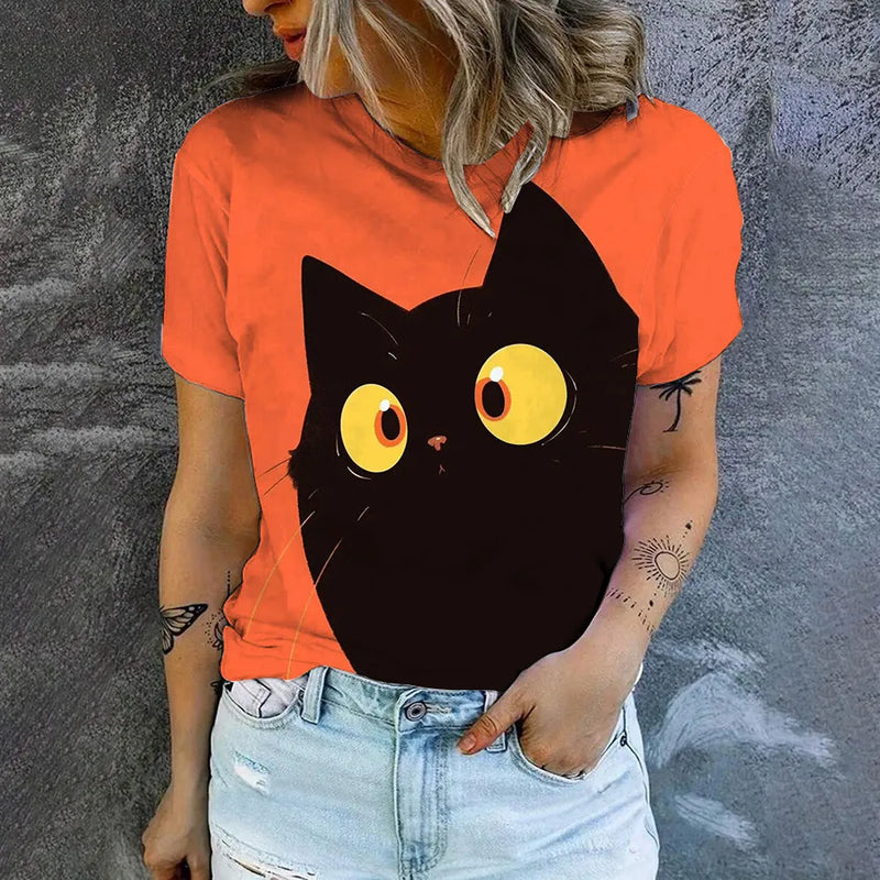 the BIG EYES CAT - Breathable Cat Print Casual Comfortable Loose O-Neck T-Shirt for Women