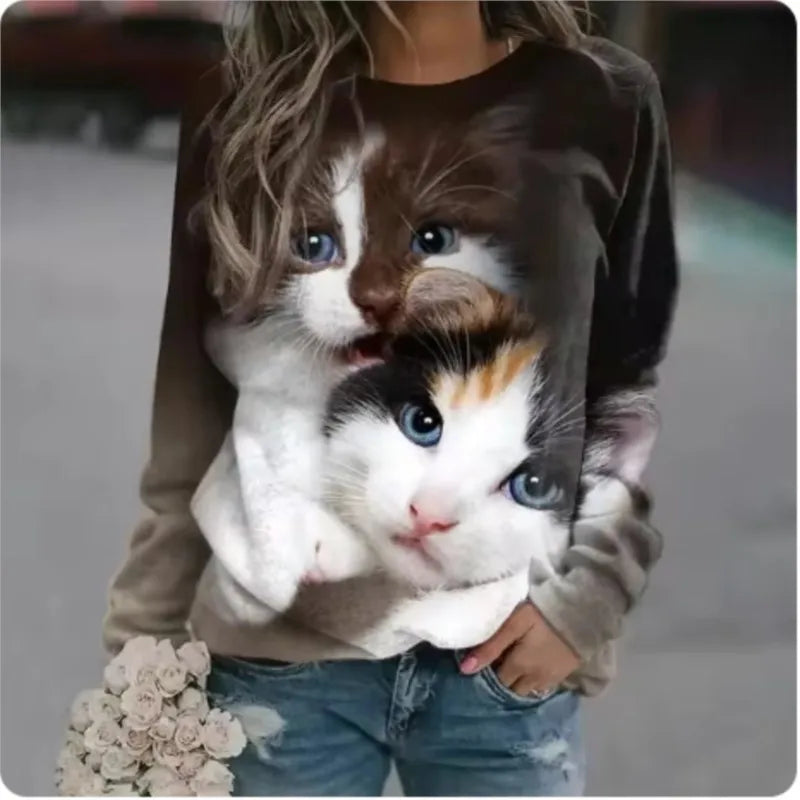 the CAT MOM - 3D Print Casual Long Sleeve Oversized Loose T-Shirts for Women