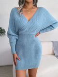 the GABRIELLA - Sexy Deep V Neck Sweater Dress Fashion Casual Batwing Sleeves Pencil Skirt Wrap Hip Dresses