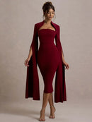 the MERLOT - Cape Long Sleeve Sexy Midi Dress for Women Autumn/Winter New Square Collar Back Slit Bodycon Club Party Long Dress
