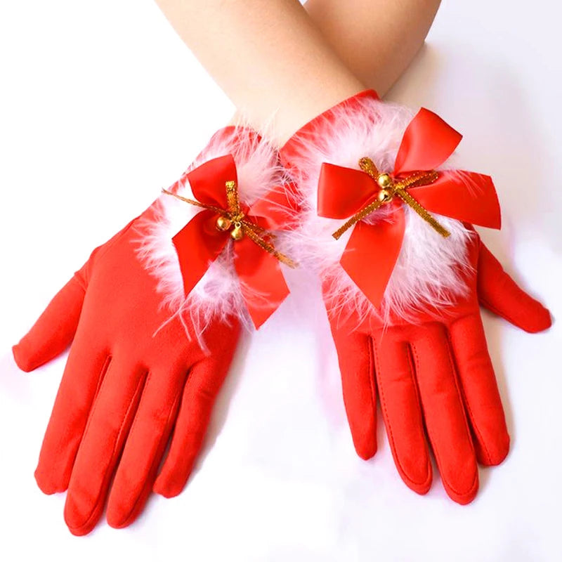 the SANTA GLOVES - 1 Pair Christmas Red Gloves Women Plush Bow Short Santa Claus Full Finger Gloves Stretch Mittens Fancy Dress Party Xmas Gloves