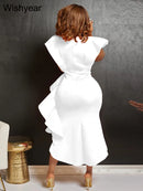 the SUNDAY BEST - Sexy Flare Short Sleeve High Side Split Ruffles Bodycon Midi Dress, Elegant Women Autumn Evening Wedding Party/Birthday Dress