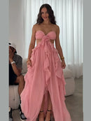the PINK PRINCESS - Flounce Flower Pink Ladies Dinner Maxi Dress, Elegant Strapless Backless Pleat Sleeveless Sexy Spring New Chic Splicing Gown