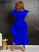 the SUNDAY BEST - Sexy Flare Short Sleeve High Side Split Ruffles Bodycon Midi Dress, Elegant Women Autumn Evening Wedding Party/Birthday Dress