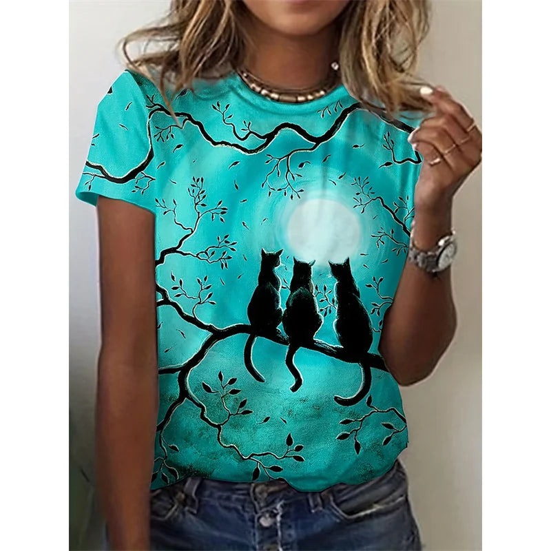 Halloween Witch Pattern T Shirt For Women Cute Cat Pumpkin 3D Printed Short Sleeves Summer Leisure Tees O-Neck Tops T-Shirts