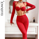 the VALENTINE -  Valentine Crochet Lingerie Set Red Crop Top Long Sleeve Pants Women's Underwear 4-Piece Comfort Sexy Outfits