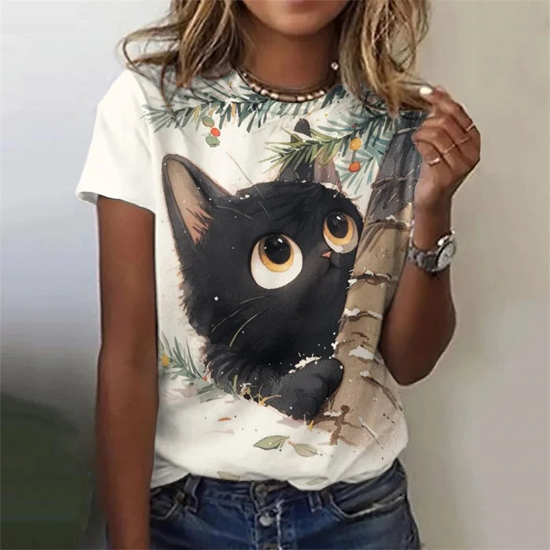 the GRUMPY CAT - 3D Printed Cat Round Neck Tops Loose Short Sleeve T-Shirt for Women