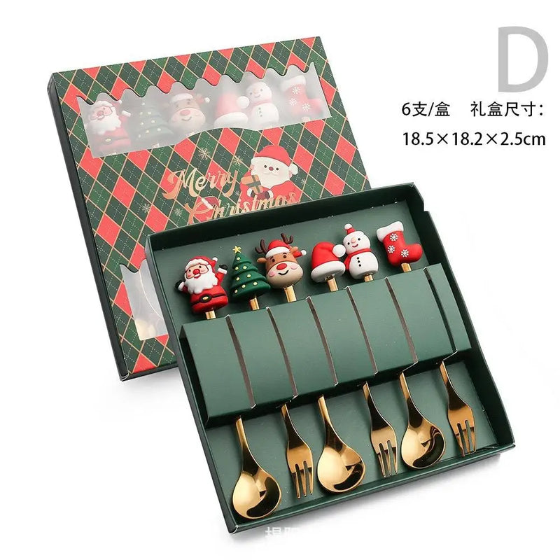 the FANCY SERVING - Christmas Gift Elk Head Christmas Tree Shape Stainless Coffee Spoon Set New Year Christmas Decoration Navidad 2025 Gifts