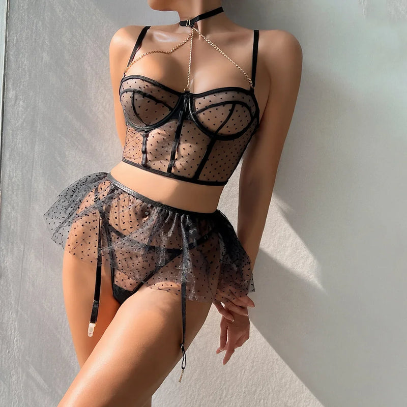 the BLACK DOT - Sensual Lingerie 3 Pieces Polka Dot Outfits Sexy See Through Metal Chain Splicing Bra Halter Mesh Sheer Skirt Exotic Lace Sets