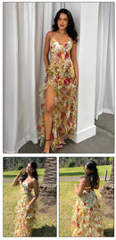 the FLOWER GIRL - Colorful Floral Printing Beach Long Dresses, Summer Chic Spaghetti Straps Backless Princess Fairy Maxi Dress