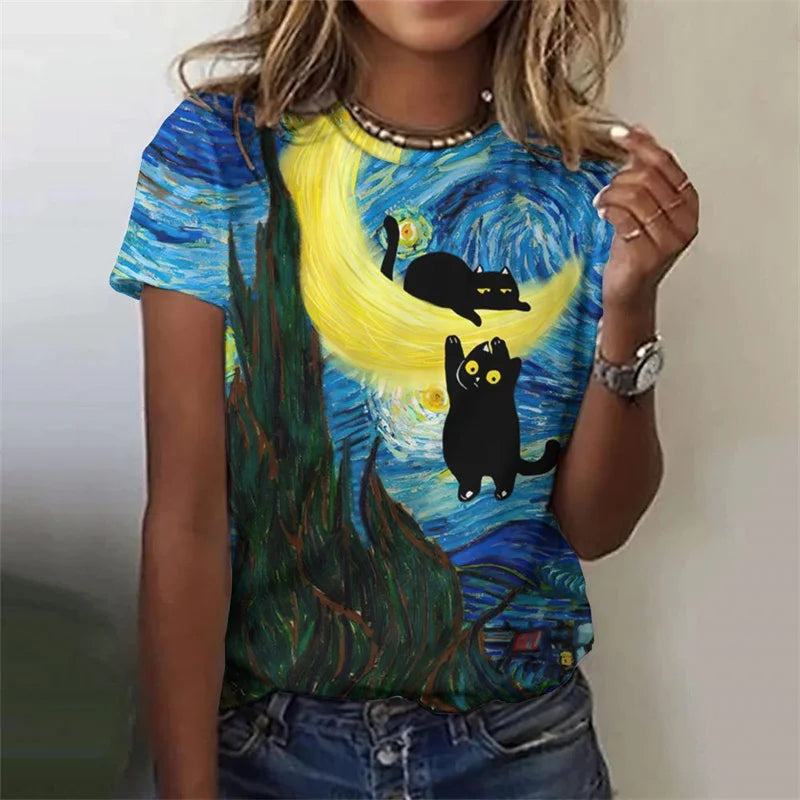 the PAINTED CAT - Flower Cat 3D Print Casual Fashion Short Sleeve O-Neck T-Shirts for Women