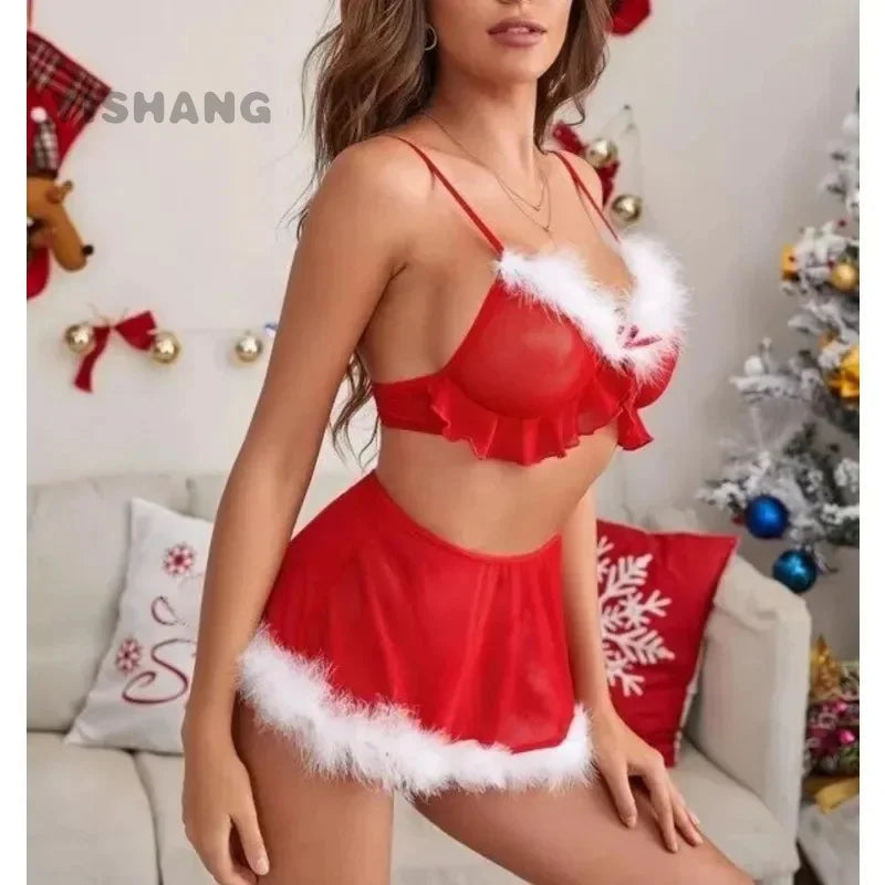 the SEXY SANTA - Christmas Erotic Costumes Sexy Women Lingerie Bra Skirt Thong Suit Plus Size Underwear High Waist Sleepwear Intimate Outfit