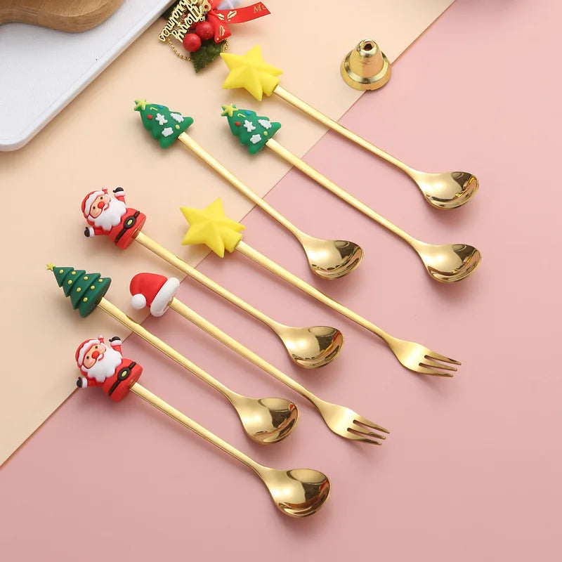 the FANCY SERVING - Christmas Gift Elk Head Christmas Tree Shape Stainless Coffee Spoon Set New Year Christmas Decoration Navidad 2025 Gifts