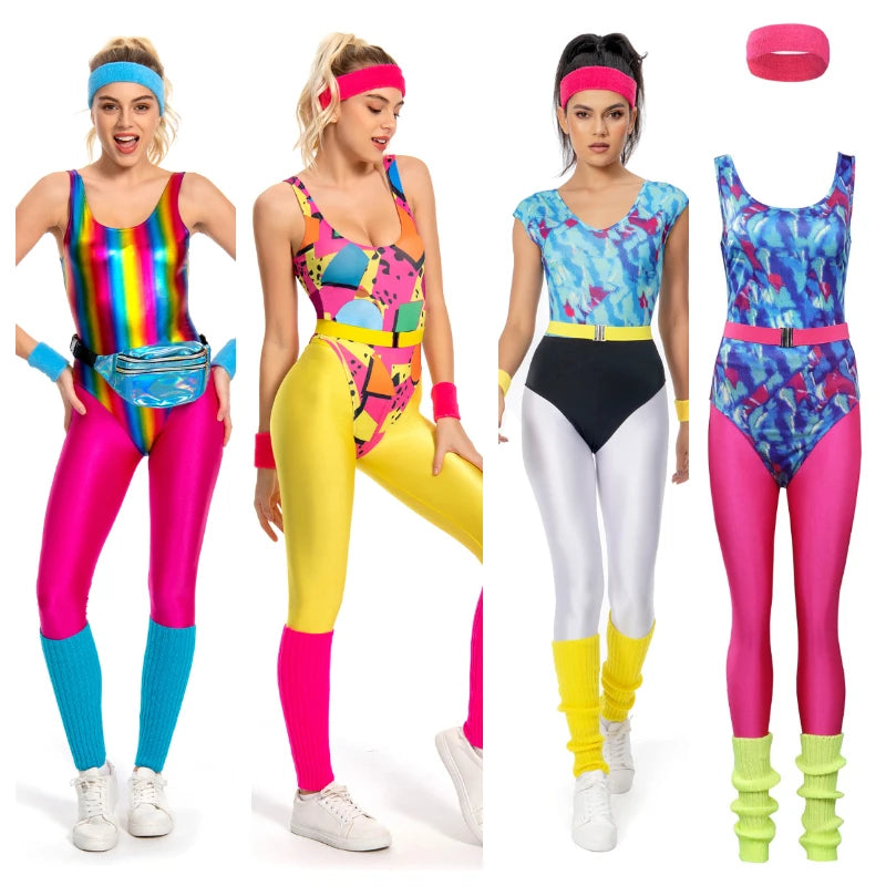 the 80'S RETRO WORKOUT - 6Pcs/Set Adult Retro 80s Hippie Disco Cosplay Costume Jumpsuit Headband Sportwear Outfits Halloween Carnival Party Suit