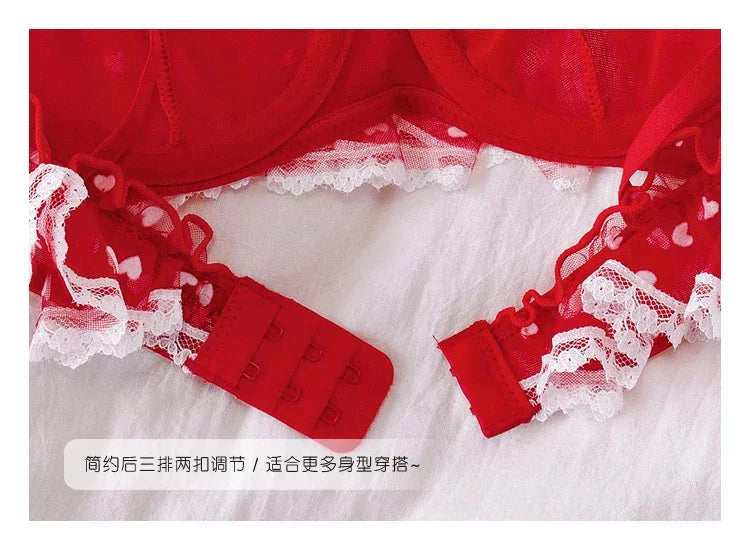 the SWEETHEART - Sweetie Love Lace Bra Set Holiday Lingerie Set Red Dot Women Bras Wire Free Ladies Underwear Briefs Set