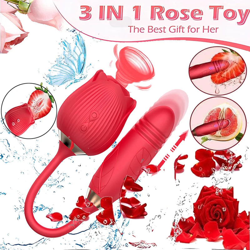 the ENCHANTED ROSE - Vibrator for Women Dildo Sex Toys Rose Sucking Thrusting Vibrating Clit Sucker Nipple Clitoris Stimulation Female for Adults 18+