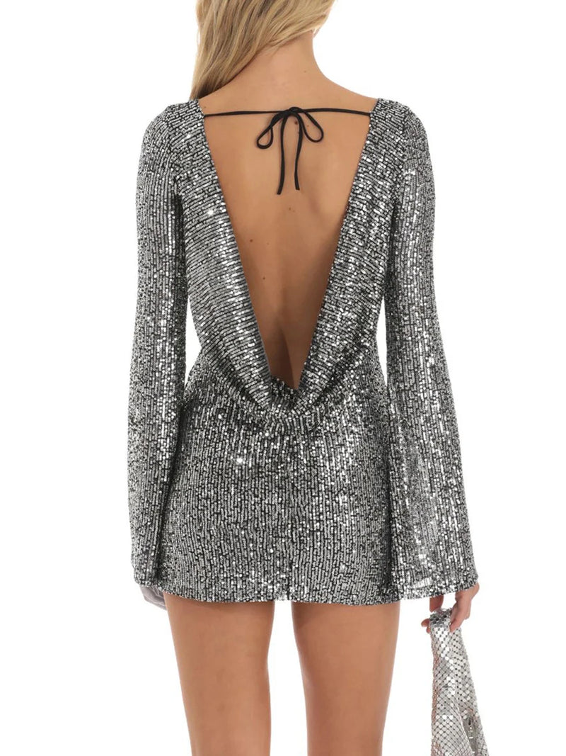 the NICOLE - Sexy Shiny Sequins Sparkly Glitter Crewneck Long Flare Sleeve Backless Mini Dress