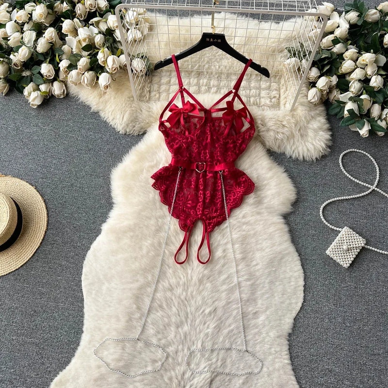 the SECRET SANTA - Christmas Red Top Sexy Patchwork Bodysuit Cosplay Erotic Lingerie Winter Strap Pajamas Nightwear