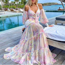 the PINK PALISADE - Sexy Sweet Print Full Sleeve Off Shoulder Chiffon High Waist Women A-Line Maxi Dress