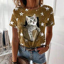 the TAG-ALONG CAT - Cute Cat Print Crew Neck Casual Short Sleeve T-Shirt for Women