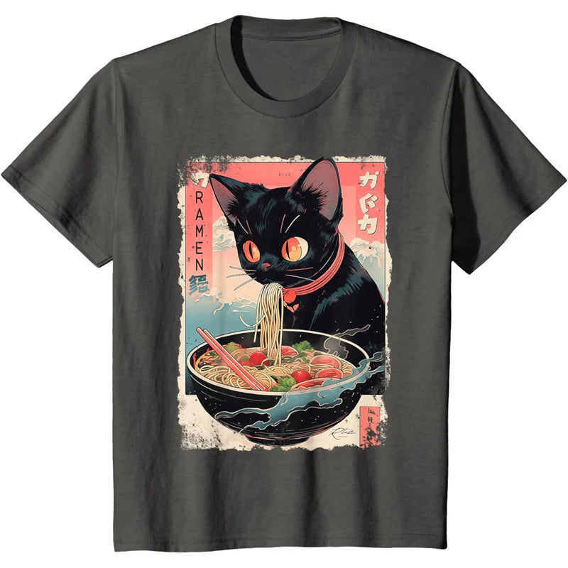 the NOODLE CAT - Delicious Noodles 3D Printed Short Sleeves O-Neck Loose T-Shirts for Women