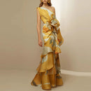 the LEMON DROP - New Party Floral Print Dress Ladies Elegant Diagonal Collar Long Dress Hollow Off Shoulder High Waist Banquet Dress