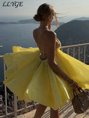 the BEACH BARBIE - Beach Backless Short Puffy Sling Dress, Women Sexy Lace Up Sleeveless A-Line Dresses, Summer Lady Vacation Seaside Solid Dress