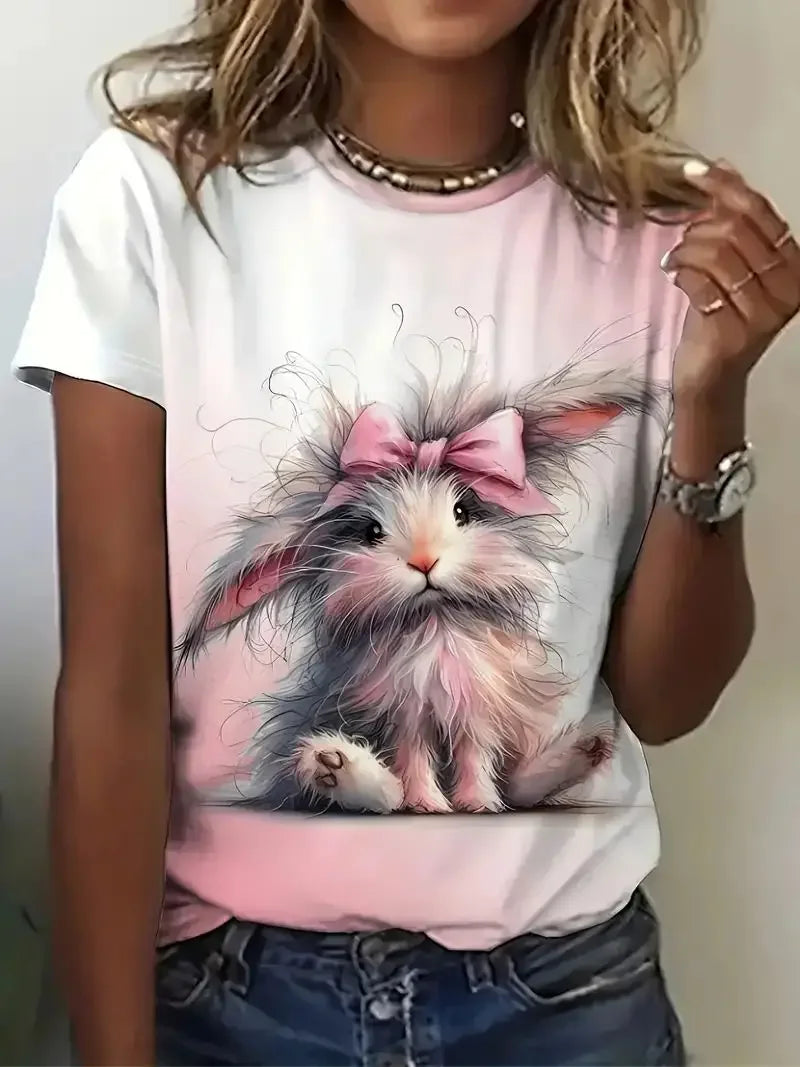 the COLORFUL CAT - 3D Cat Printed Short Sleeved Oversized Pullover T-Shirts for Women