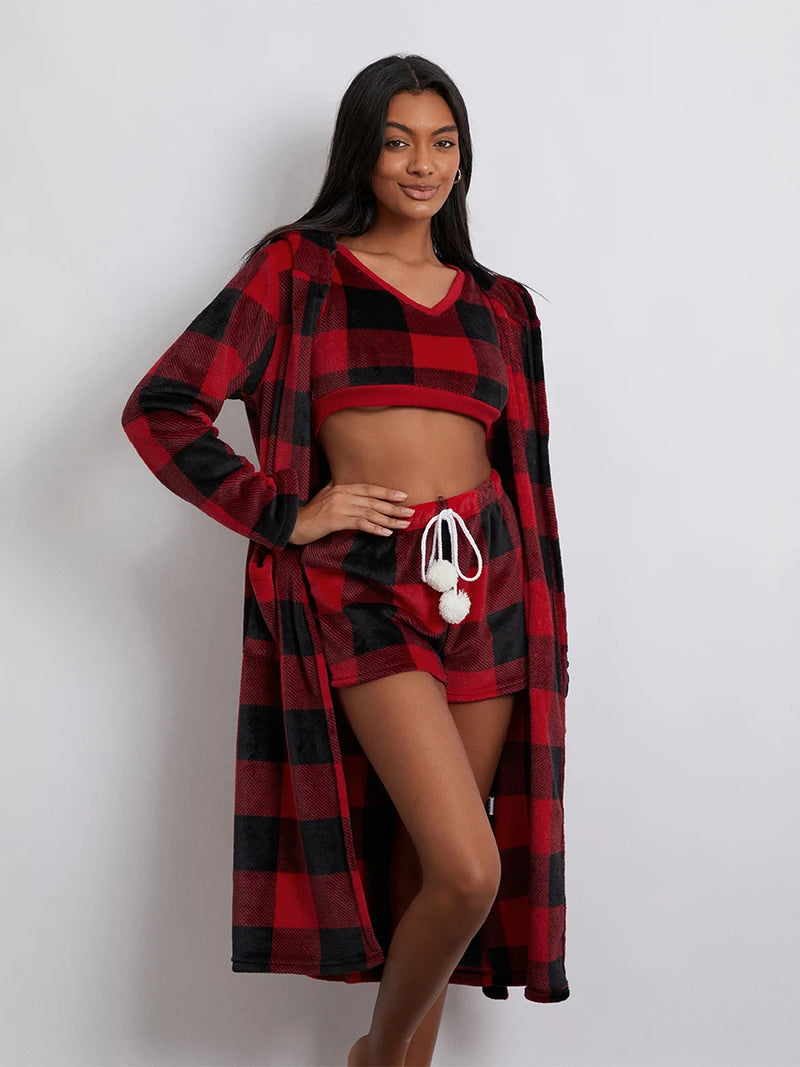 the PLAID PAJAMAS - Fall Winter Plaids 3 Piece Pajamas Sets Warm Loungewear Sleeveless Straps Crop Tank Tops+Shorts+Long Sleeve Robe