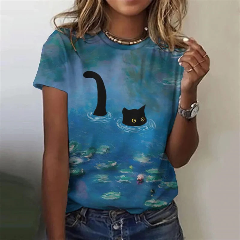 the PAINTED CAT - Flower Cat 3D Print Casual Fashion Short Sleeve O-Neck T-Shirts for Women