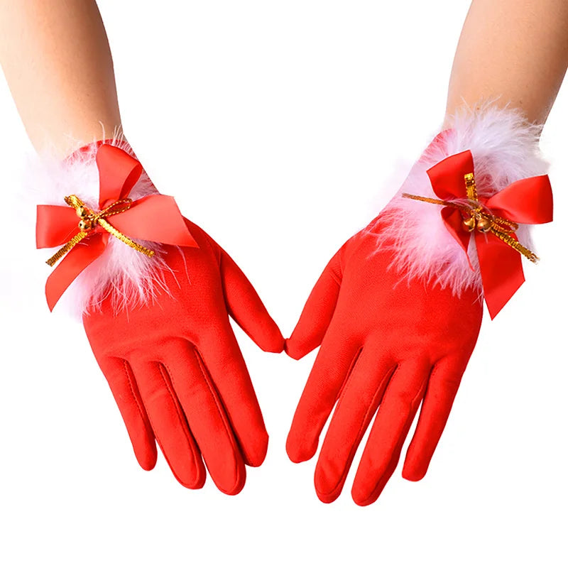 the SANTA GLOVES - 1 Pair Christmas Red Gloves Women Plush Bow Short Santa Claus Full Finger Gloves Stretch Mittens Fancy Dress Party Xmas Gloves