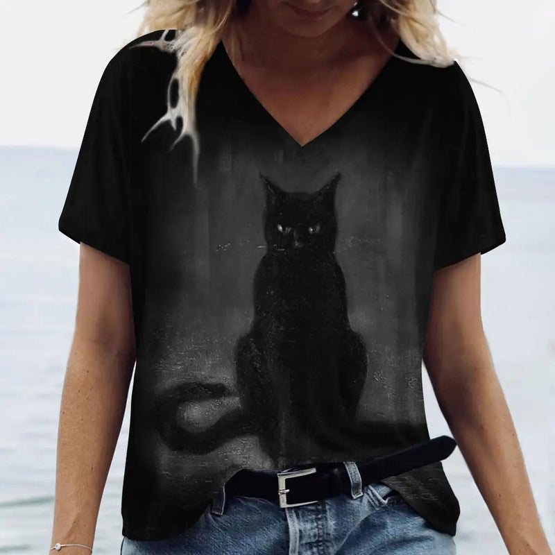 the SHADOW BLACK CAT - Cute Cat Pattern Print V-Neck Short Sleeve Fashion T-Shirts for Women