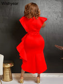 the SUNDAY BEST - Sexy Flare Short Sleeve High Side Split Ruffles Bodycon Midi Dress, Elegant Women Autumn Evening Wedding Party/Birthday Dress
