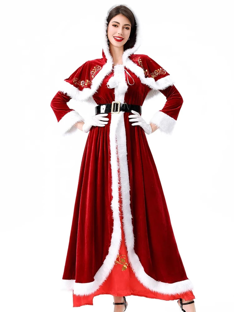 the SANTA MRS. CLAUS - Women Mrs. Claus Costume Adult Women Deluxe Christmas Party Role Play Mrs. Claus Costume Long Dress Dress Red Velvet