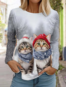 the CHRISTMAS CATS - Fashion Christmas Long Sleeved Casual Christmas Cute Cat & Dog Holiday T-Shirts for Women