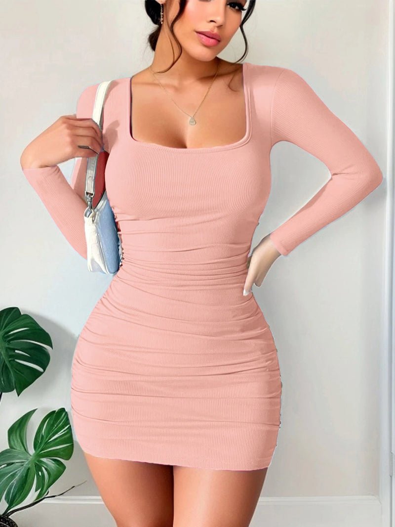 the MONICA - Long Sleeved Square Neck Pleated Sexy Tight Short Skirt Dress