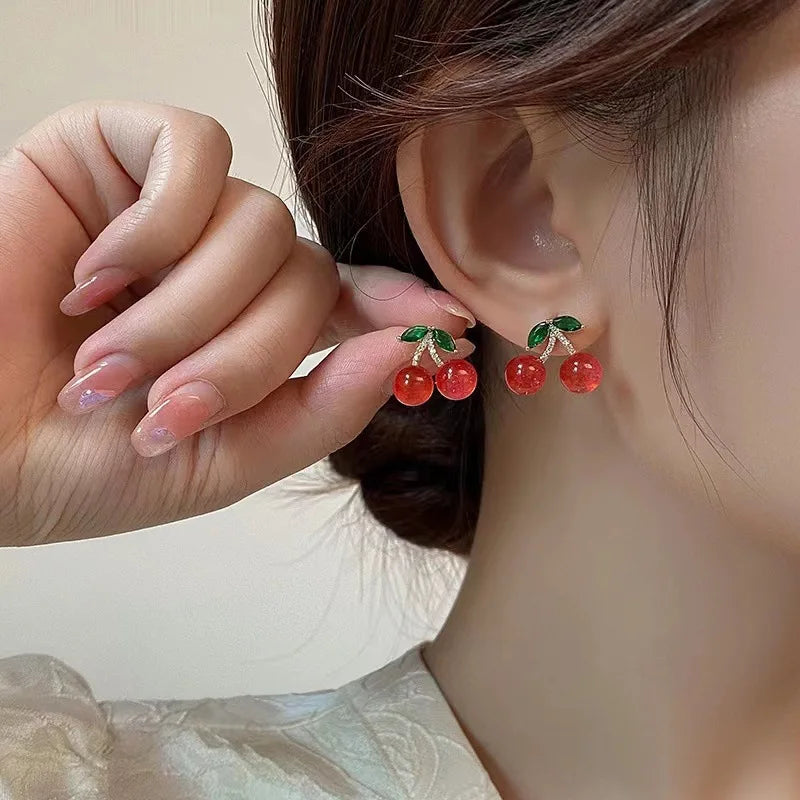 the FRUIT CAKE - Red Zircon Cherry Leaf Stud Earrings Shiny Crystal Fruit Grape Flower Earring Christmas Party Jewelry Gift