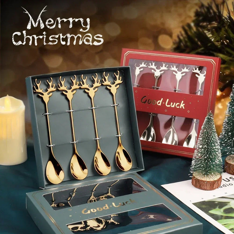 the SPOONFUL - 4pcs Christmas Elk Head Shape Stainless Coffee Spoon New Year Christmas Decoration Table Decor for Home Navidad Gifts