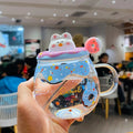 Cute Donut Ceramic Coffee Mug with 3D Animal Cat Lid and Stirrer, Kids Water Cup, Creative, Large Capacity, Gift for Girl, 400ml