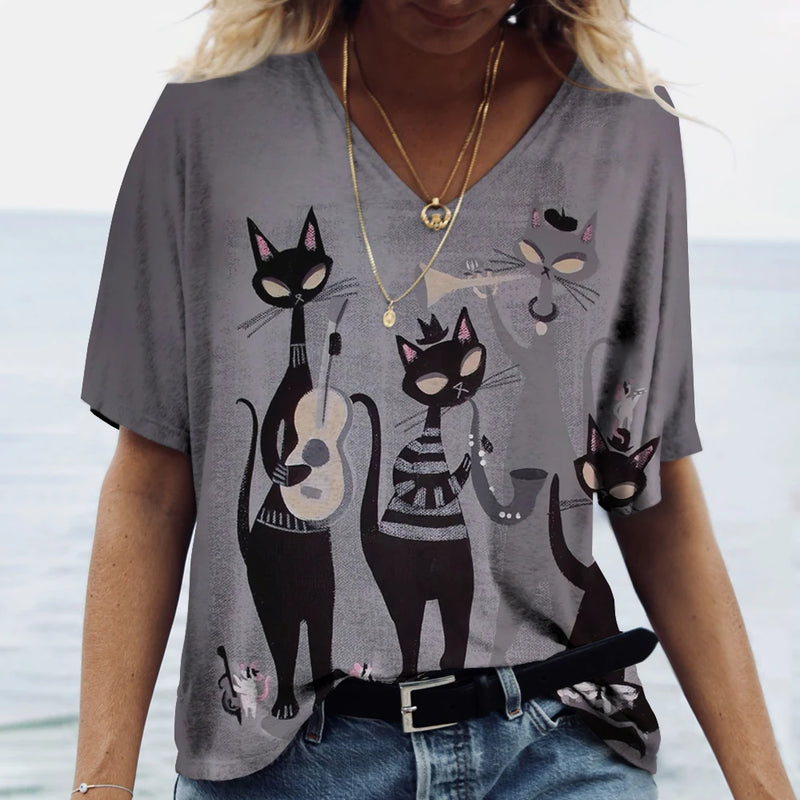 the JAZZ CATS - Cartoon Cat Print Summer Short Sleeve V-Neck Fashion Casual T-Shirts for Women