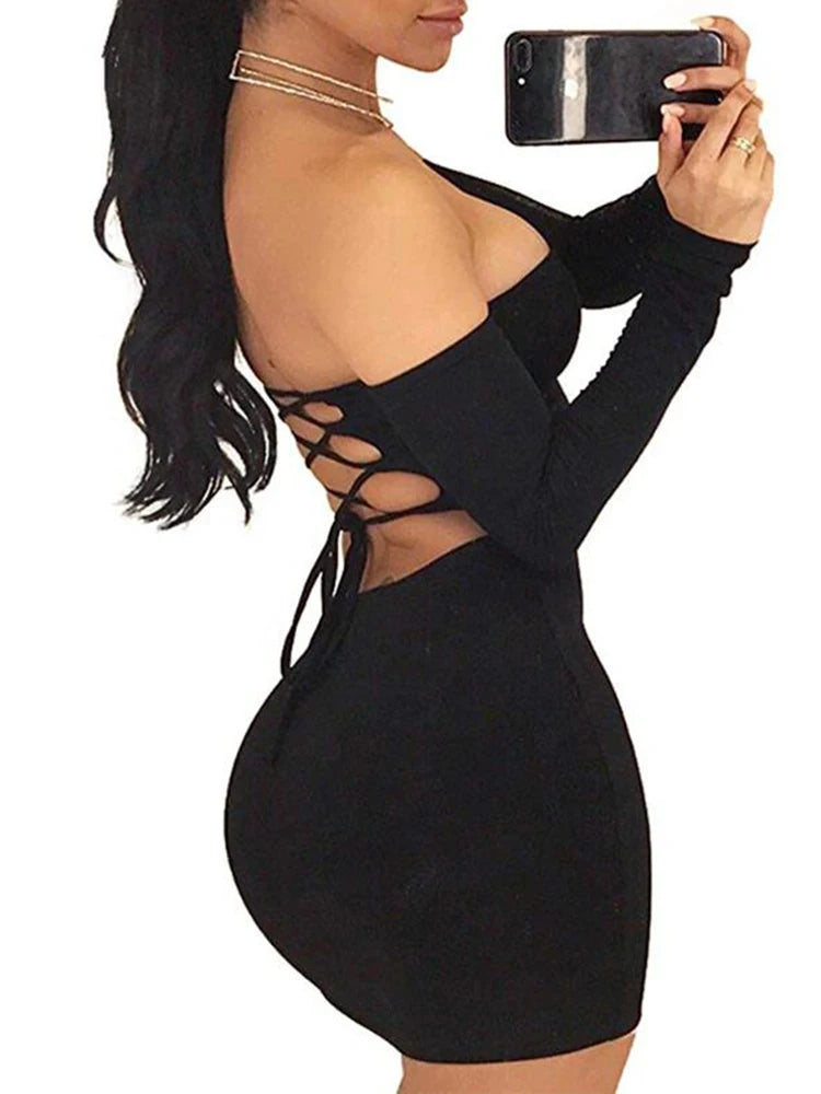 the RACQUELLE - Long Sleeve Sexy Off Shoulder Backless Lace Up Club Bodycon Mini Dress