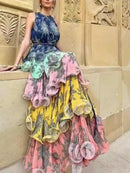 the PRETTY PASTEL - Spring/Summer Women's Sleeveless Tie-Waist Ruffle Tiered Midi Dress with Contrasting Details Party Vacation Dress